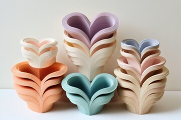 Colorful heart-shaped paper vases arranged artistically on a plain background creating a modern decorative display