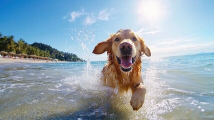 Dog playing in ocean waves at sunny beach outdoor action photography vibrant environment