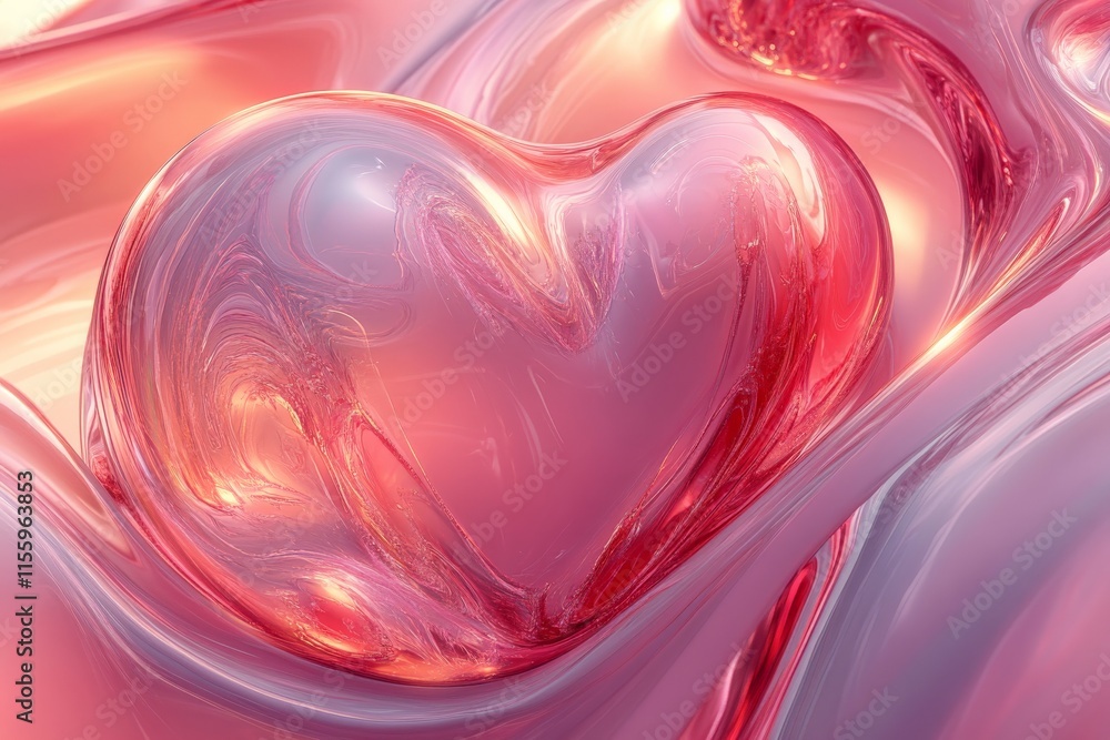 Poster heart shape floating in glossy abstract pink liquid design with soft light reflections
