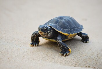 Obraz premium Close-up of a Baby Turtle on Sandy Beach. A captivating close-up of a small dark-shelled turtle with yellow accents carefully navigating sandy terrain