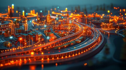 Night city, illuminated roads, urban landscape, transportation network.