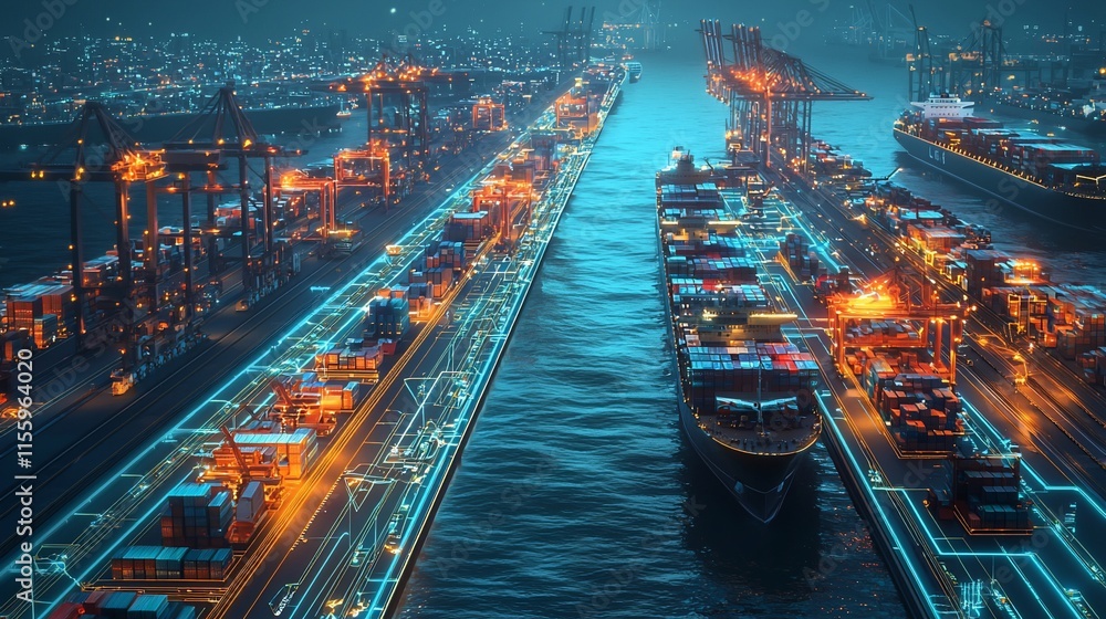 Poster night view of a busy cargo port with container ships and cranes.
