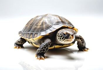 Obraz premium Close-up of a curious young turtle against a white background. A captivating close-up of a small young turtle