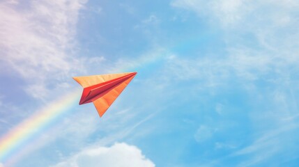 Soaring paper airplane under a colorful rainbow sky digital art bright and cheerful aerial perspective imagination and playfulness