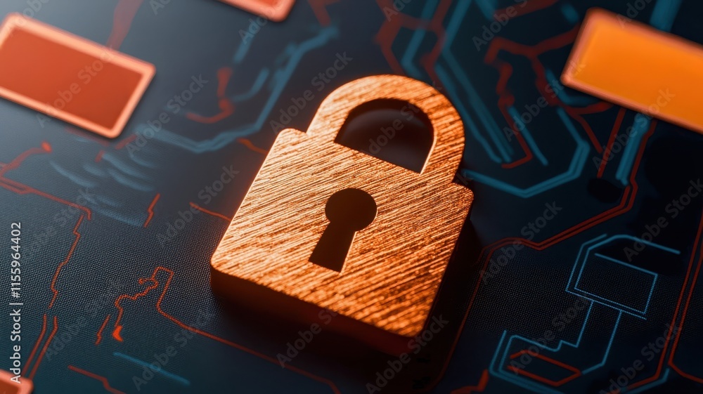 Poster an artistic representation of a digital padlock on a glowing circuit board background, symbolizing c