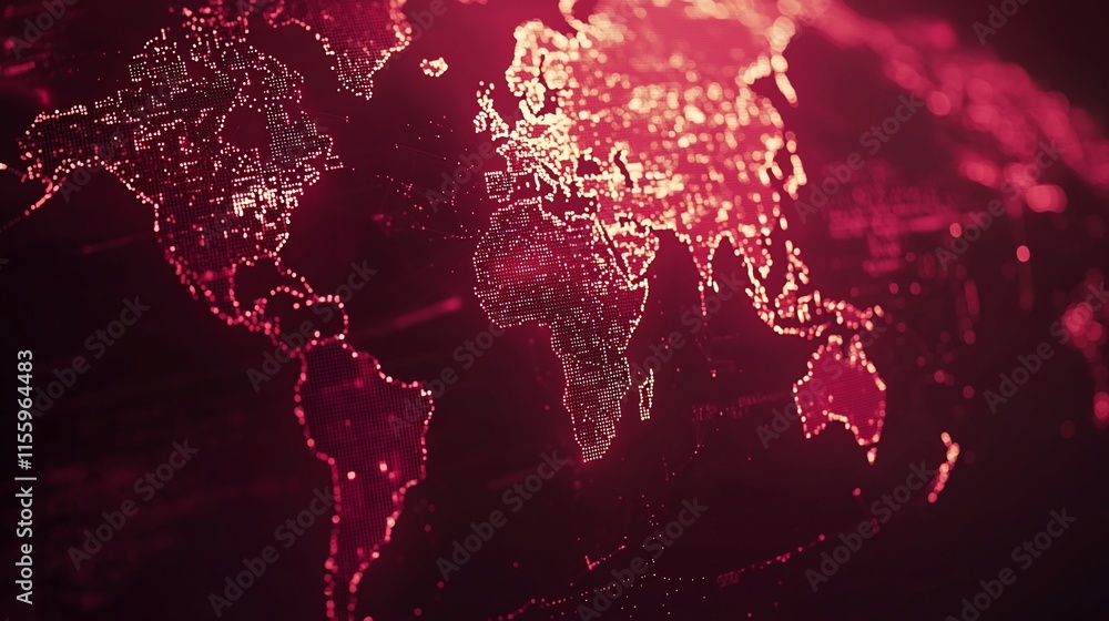 Poster Glowing red world map digital network connection.