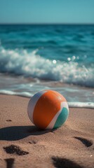 Obraz premium Colorful beach ball resting on sandy shore near ocean waves in bright sunlight