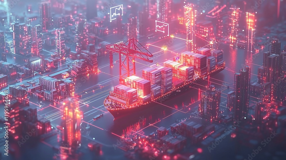 Aufkleber Futuristic container ship at a digital port with glowing network connections.