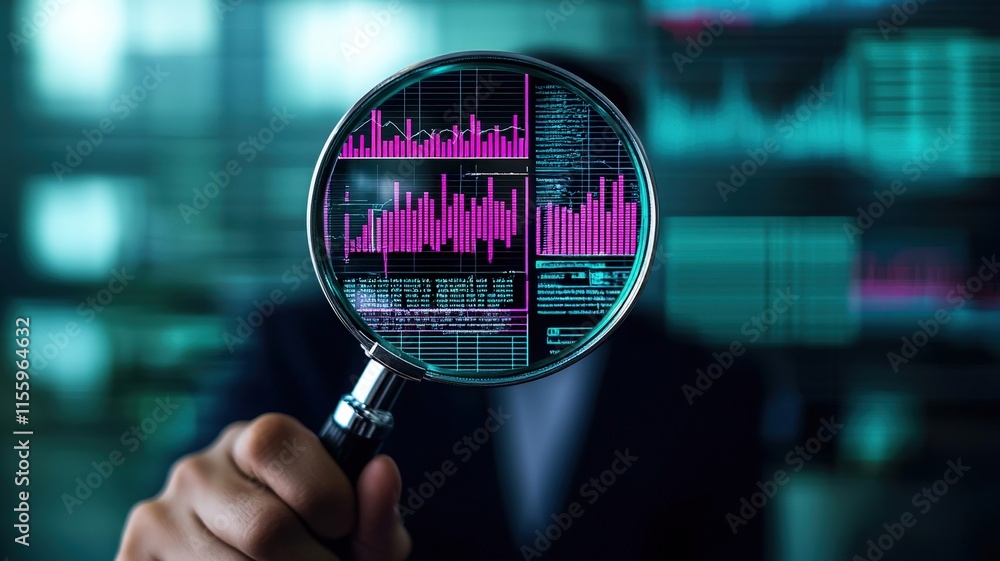 Poster a person examines data visualizations through a magnifying glass, highlighting statistical graphs an
