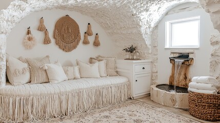 Tranquil Meditation Space: Floor Cushions, Natural Stones & Wall-Mounted Water Fountain
