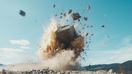 Dynamic quarry explosion captures energy of rock blasting process in spring landscape