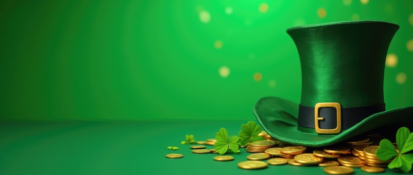 Flat lay St. Patrick’s Day banner with vibrant shamrocks and four-leaf clovers. Top view with festive typography and decorative elements.