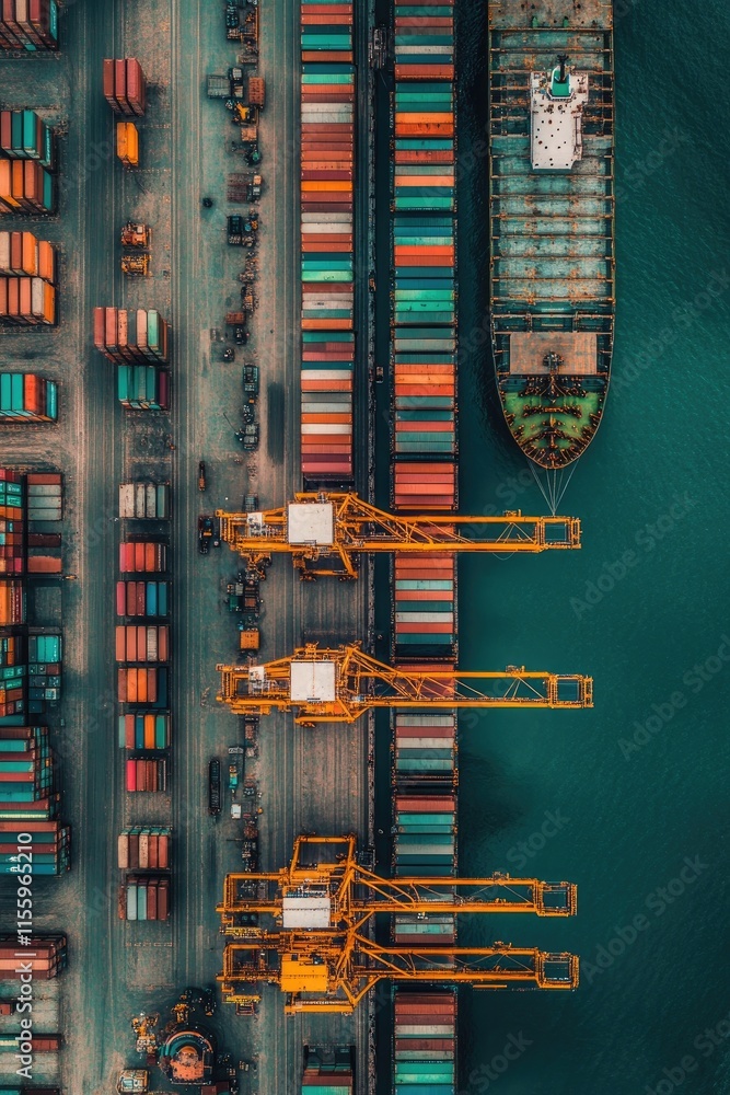 Poster aerial view of a busy shipping port with containers and cranes by the water.