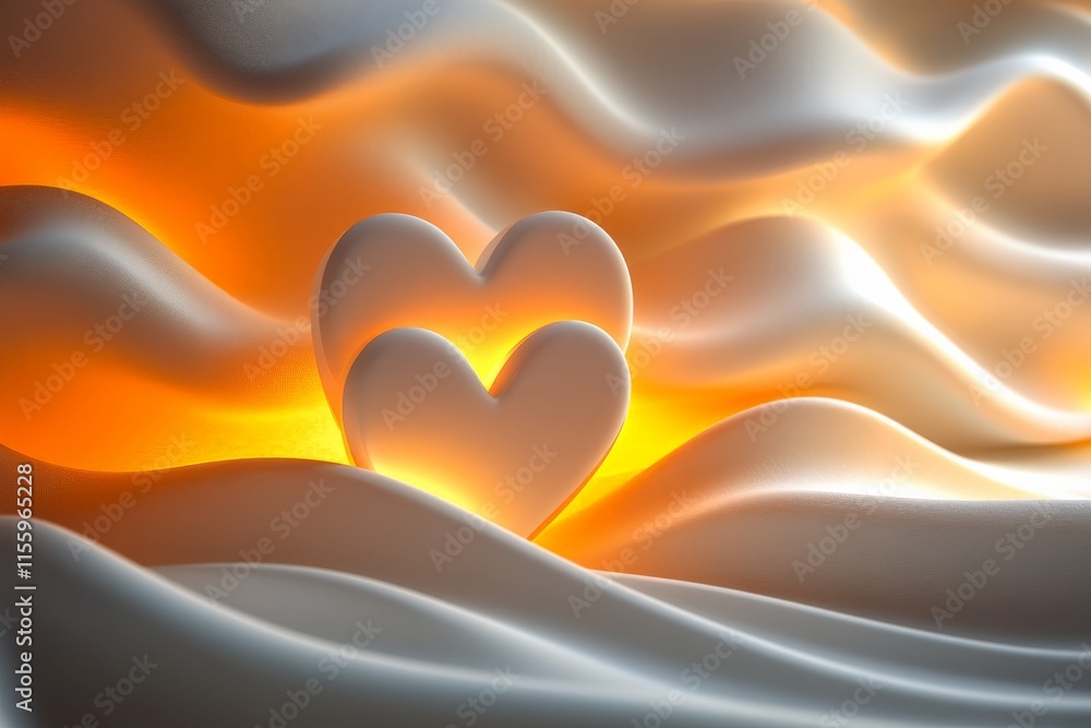 Poster two hearts glow softly against warm waves of light, creating a romantic atmosphere in a tranquil set