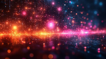 Fototapeta premium Abstract Digital Landscape: Neon Lights and Data Streams