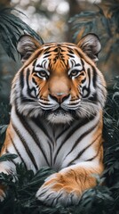 Fototapeta premium Majestic tiger resting among lush greenery in a serene environment