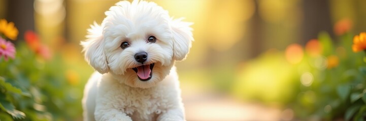 A Bichon Frisé puppy with an adorable smile surrounded by vibrant flowers in a sun-drenched park bringing joy and happiness