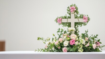 Elegant floral cross arrangement for religious ceremony and spring celebration