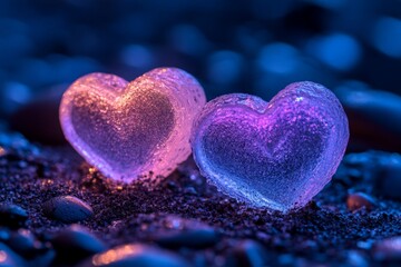 Fototapeta premium Two glowing ice hearts resting on dark pebbles under soft blue lighting