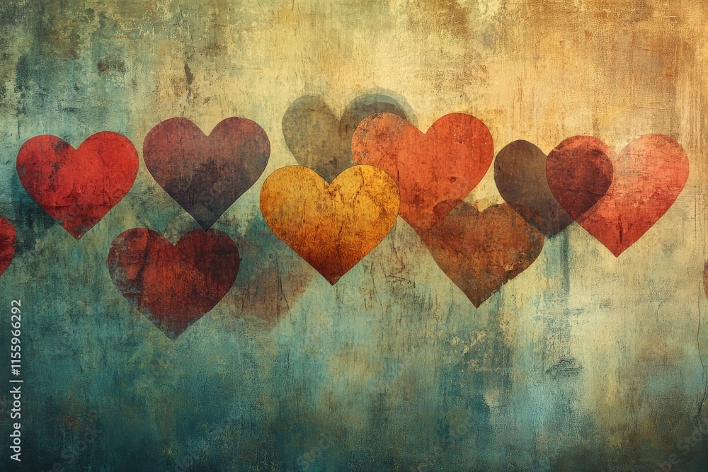Poster colorful hearts create an artistic display on a textured background showcasing emotion and creativit