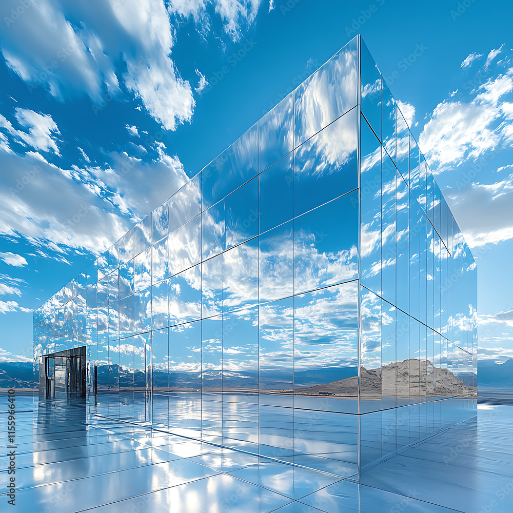 Poster reflective metallic building with mirrored surface under blue sky, showcasing clouds and serene land