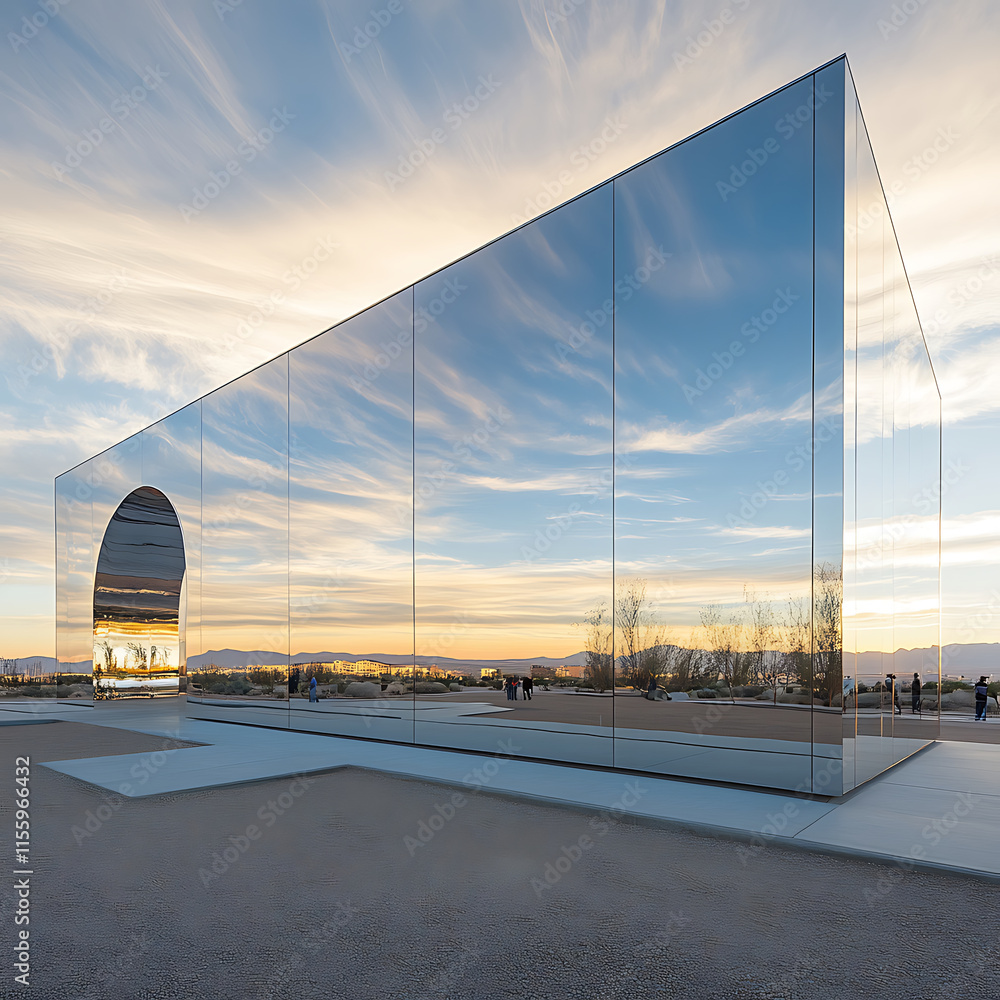 Poster modern architectural structure with reflective metallic surface, showcasing stunning sunset and surr