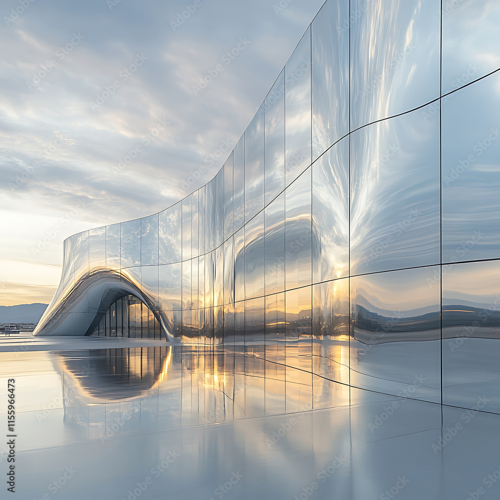 Poster modern architectural structure with reflective metallic surface, showcasing stunning interplay of li