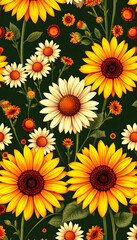 Printable seamless vintage autumn repeat pattern background with daisies and sunflowers. Botanical wallpaper, raster illustration in super High resolution, glowing neon, with white tones