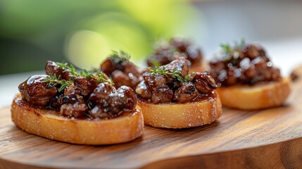 Gourmet beef bruschetta appetizers on wooden board.