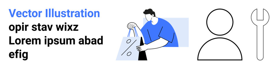 Professional graphic designer working on a tablet, abstract person icon, wrench outline graphic. Ideal for creative process, design tools, user interface, graphic design, app development, tutorials