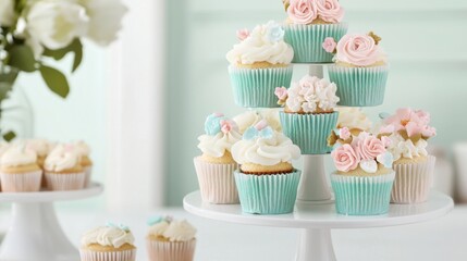 Elegant wedding cupcake tower with decorative floral design for spring celebrations