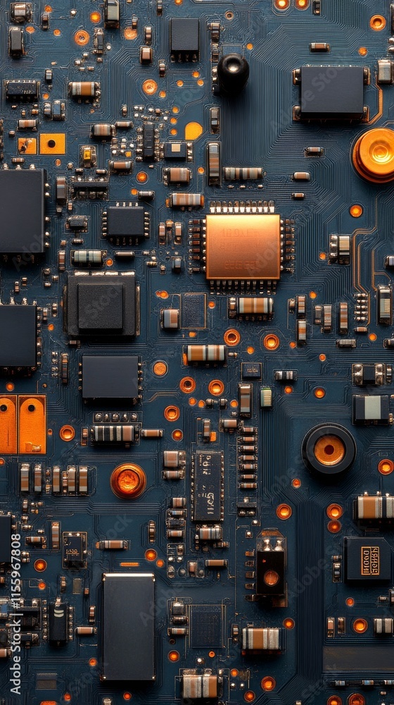 Poster close-up view of a complex green circuit board with various electronic components