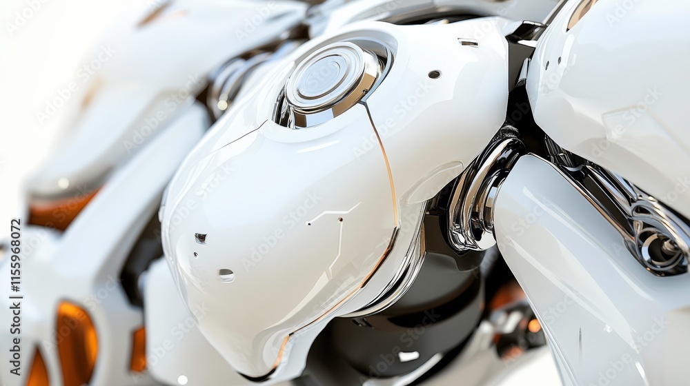 Poster close-up of a realistic robot head with textures