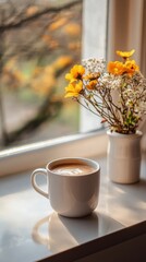 Warm cup of coffee beside a vase of colorful flowers in a sunlit room