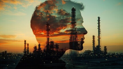 Obraz premium Exploring industrial growth a man's silhouette against oil refineries at sunset emotional portrait urban landscape conceptual imagery