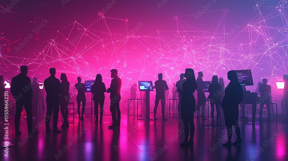 Poster Silhouetted figures networking at a tech event with vibrant pink and purple lighting and digital connections.