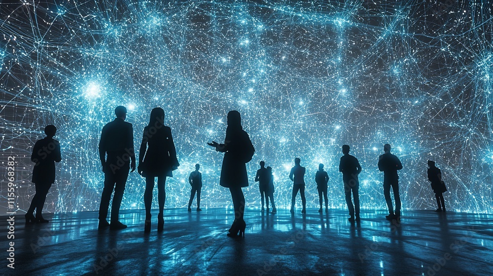 Poster Silhouetted figures stand before a complex network of glowing lines, representing global connectivity and communication.