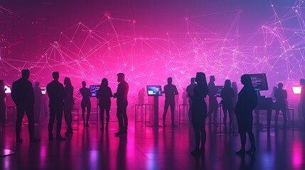 Silhouetted figures networking at a tech event with vibrant pink and purple lighting and digital connections.