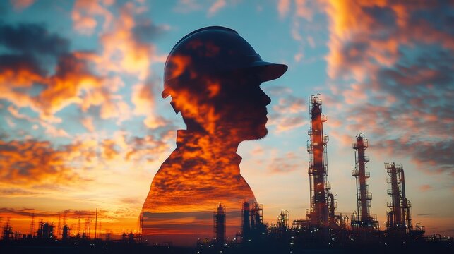 Industrial worker silhouette at sunset over oil refinery atmospheric perspective industrial scene dramatic lighting