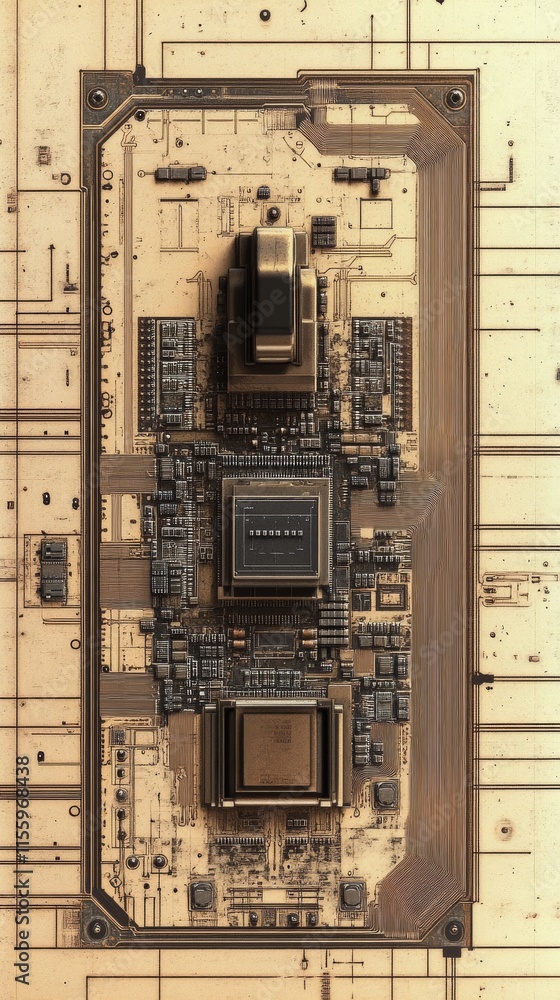 Poster close-up view of a complex green circuit board with various electronic components