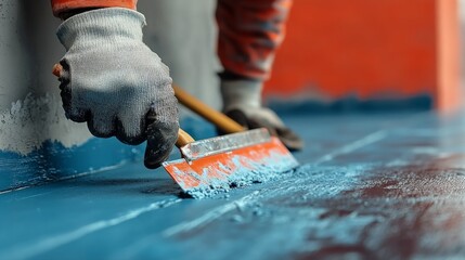 Worker applying blue paint to a wall using a trowel in a renovation project