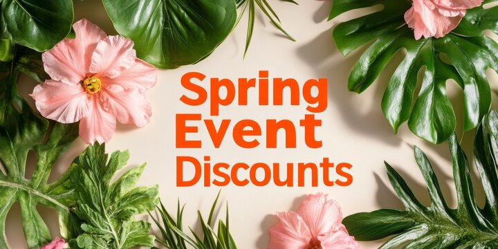 Spring event discounts surrounded by lush green leaves and pink flowers
