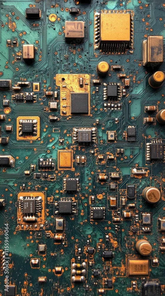 Poster close-up view of a complex green circuit board with various electronic components