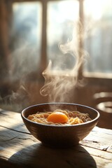 Warm bowl of noodles with a soft boiled egg in a cozy setting during sunset hours
