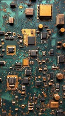 Close-up view of a complex green circuit board with various electronic components