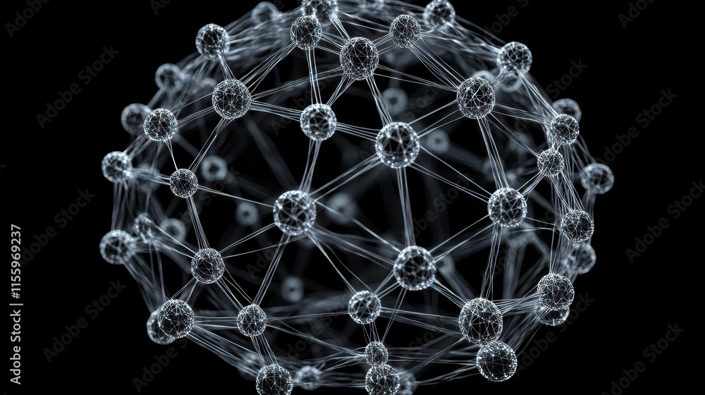 Poster intricate abstract 3d network sphere on black background for technology and connectivity concepts
