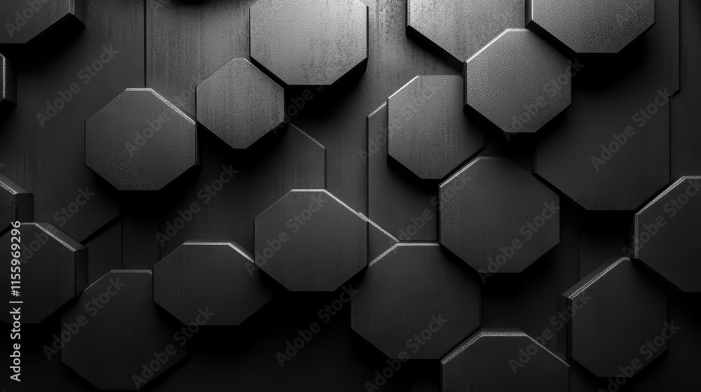 Poster abstract black hexagonal carbon background with geometric depth and texture