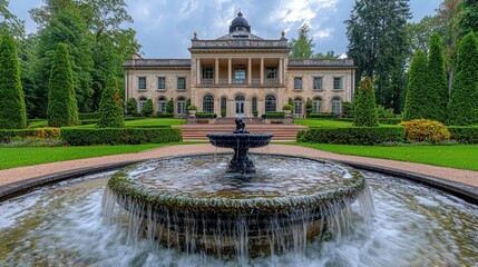Obraz premium Grand mansion with fountain and gardens.