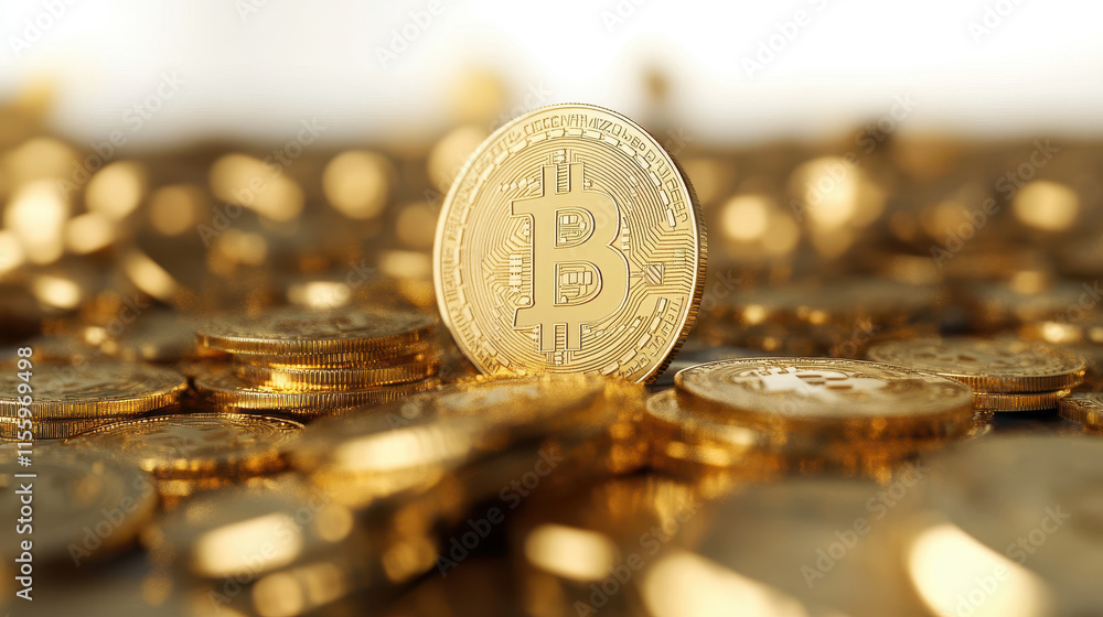 Poster golden bitcoin cryptocurrency symbol with depth of field on shimmering background