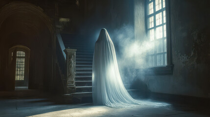 Fototapeta premium Ethereal Ghost Bathed in Light in Mysterious Decaying Castle Interior